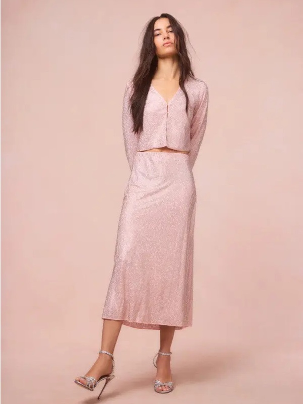 LoveShackFancy Blush Pink Shimmer Midi Skirt